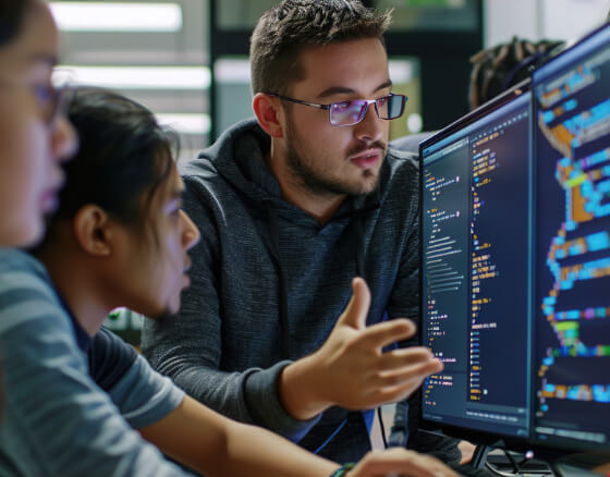 AblaufderKurse Der Programmiertrainer erklärt den Schülern das Programm im Detail und beantwortet ihre Fragen.
